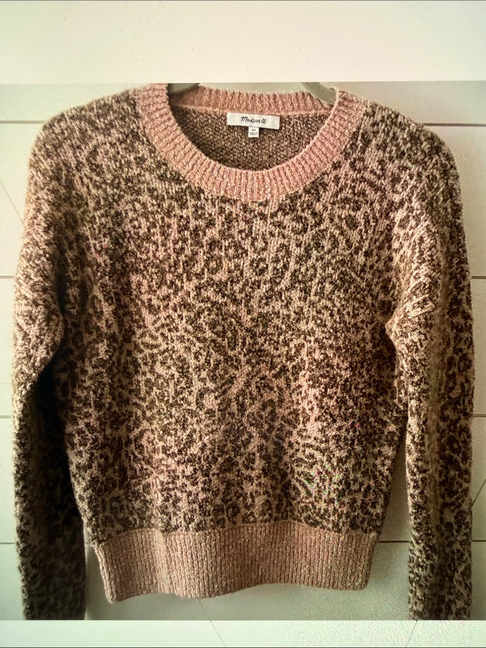 Madewell Pink & Brown Leopard Crewneck Sweater Wool